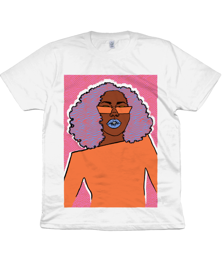 White t-shirt with illustration of black woman in orange and pink by dorcascreates