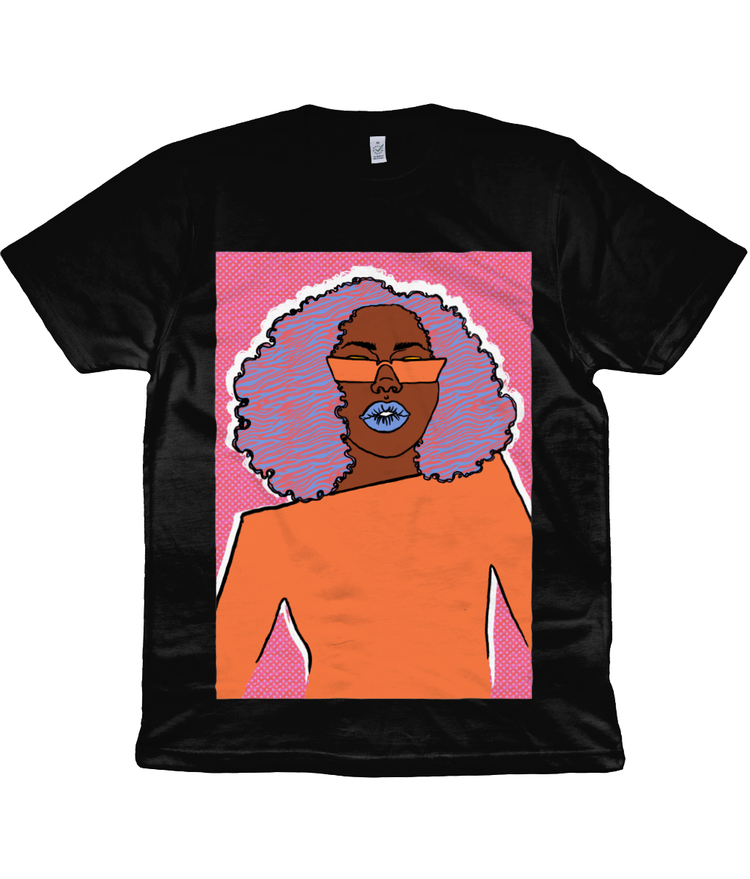 black t-shirt with illustration of black woman with large afro by DorcasCreates