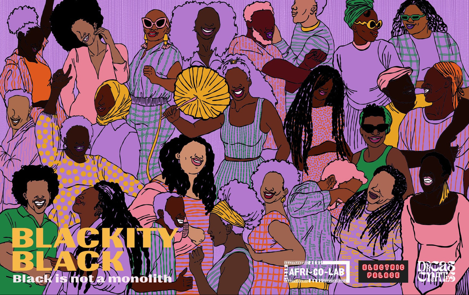Vibrant illustrated poster featuring a diverse group of Black people against a purple background, with the text 'BLACKITY BLACK' and 'Black is not monolithi' at the bottom, plus event logos including Afri Co Lab, Electric Palace Cinema and DorcasCreates logo