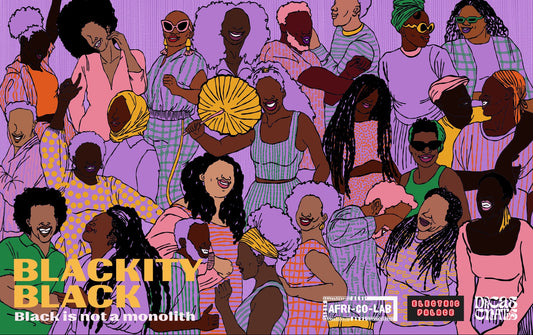 Vibrant illustrated poster featuring a diverse group of Black people against a purple background, with the text 'BLACKITY BLACK' and 'Black is not monolithi' at the bottom, plus event logos including Afri Co Lab, Electric Palace Cinema and DorcasCreates logo