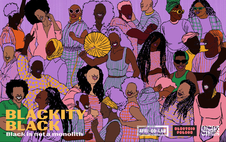 Vibrant illustrated poster featuring a diverse group of Black people against a purple background, with the text 'BLACKITY BLACK' and 'Black is not monolithi' at the bottom, plus event logos including Afri Co Lab, Electric Palace Cinema and DorcasCreates logo