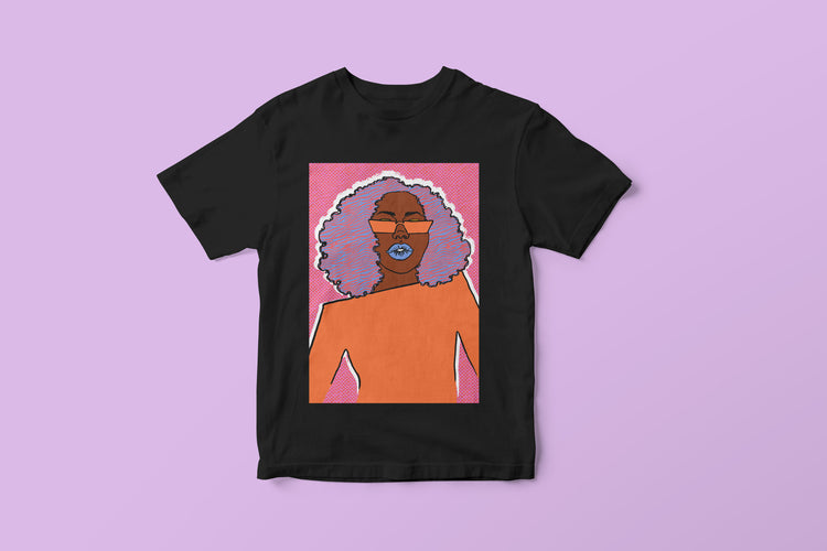 black t-shirt with illustration of black woman with large afro by dorcascreates
