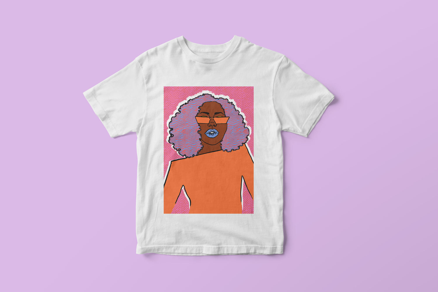 white t-shirt with illustration of black woman with purple lipstick and orange glasses by dorcascreates