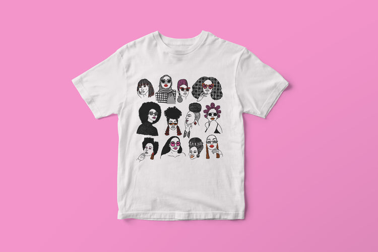 White T-shirt featuring illustration of several Black women's hairstyles by DorcasCreates