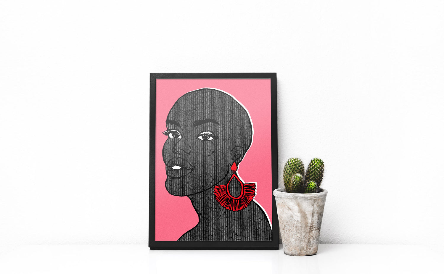 Art print of a bald black woman wearing large red earrings against a pink background by DorcasCreates