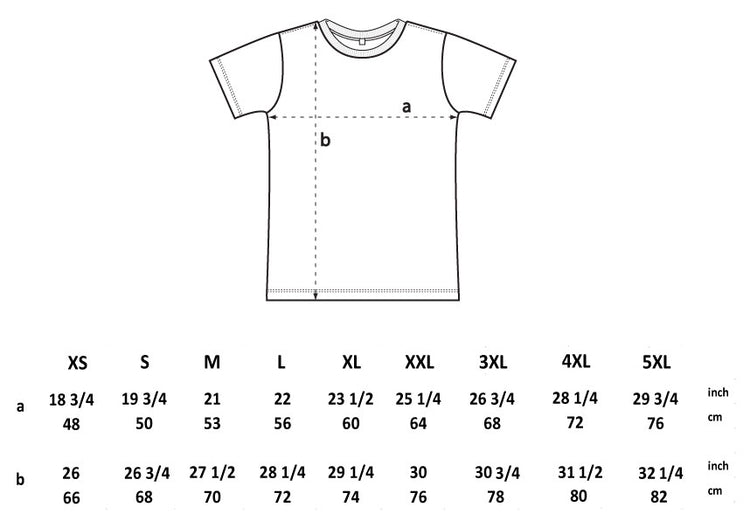 Continental Clothing Unisex Cotton Tee Size Chart