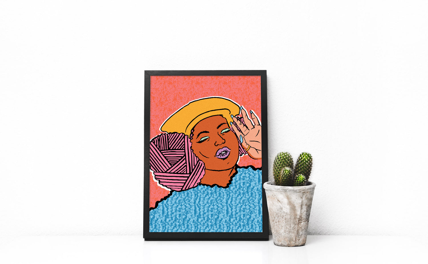 Framed Destiny Illustration of a black woman with pink afro by dorcascreates